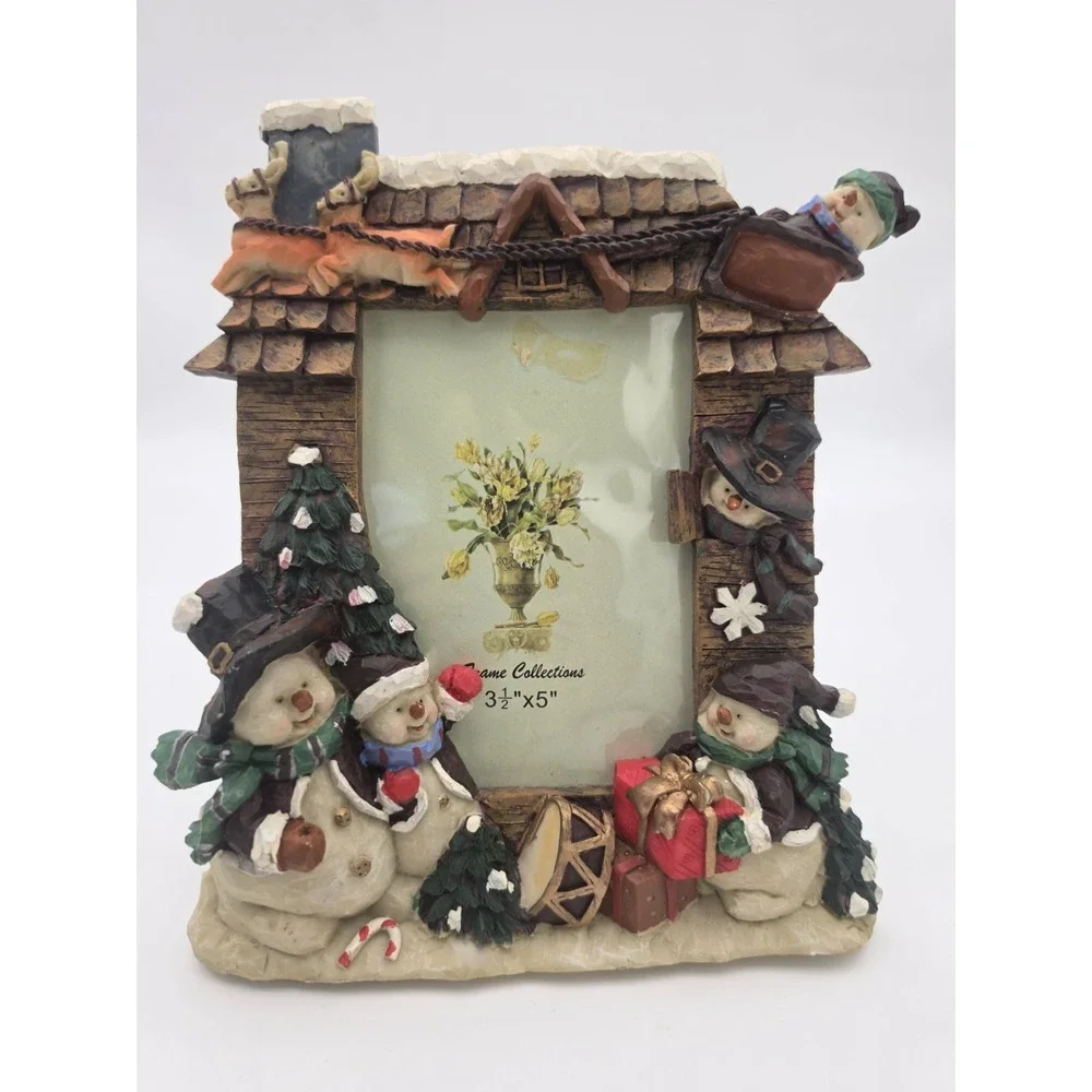 Vtg Holiday Time Snowman Christmas Photo Frame 3.5x 5
